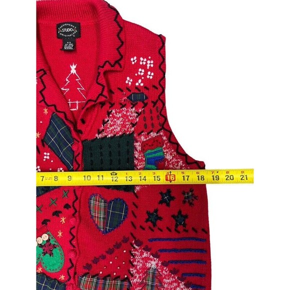 Designer Originals Studio Red Embroidered Christmas Button Up Sweater Vest PS - Picture 6 of 7